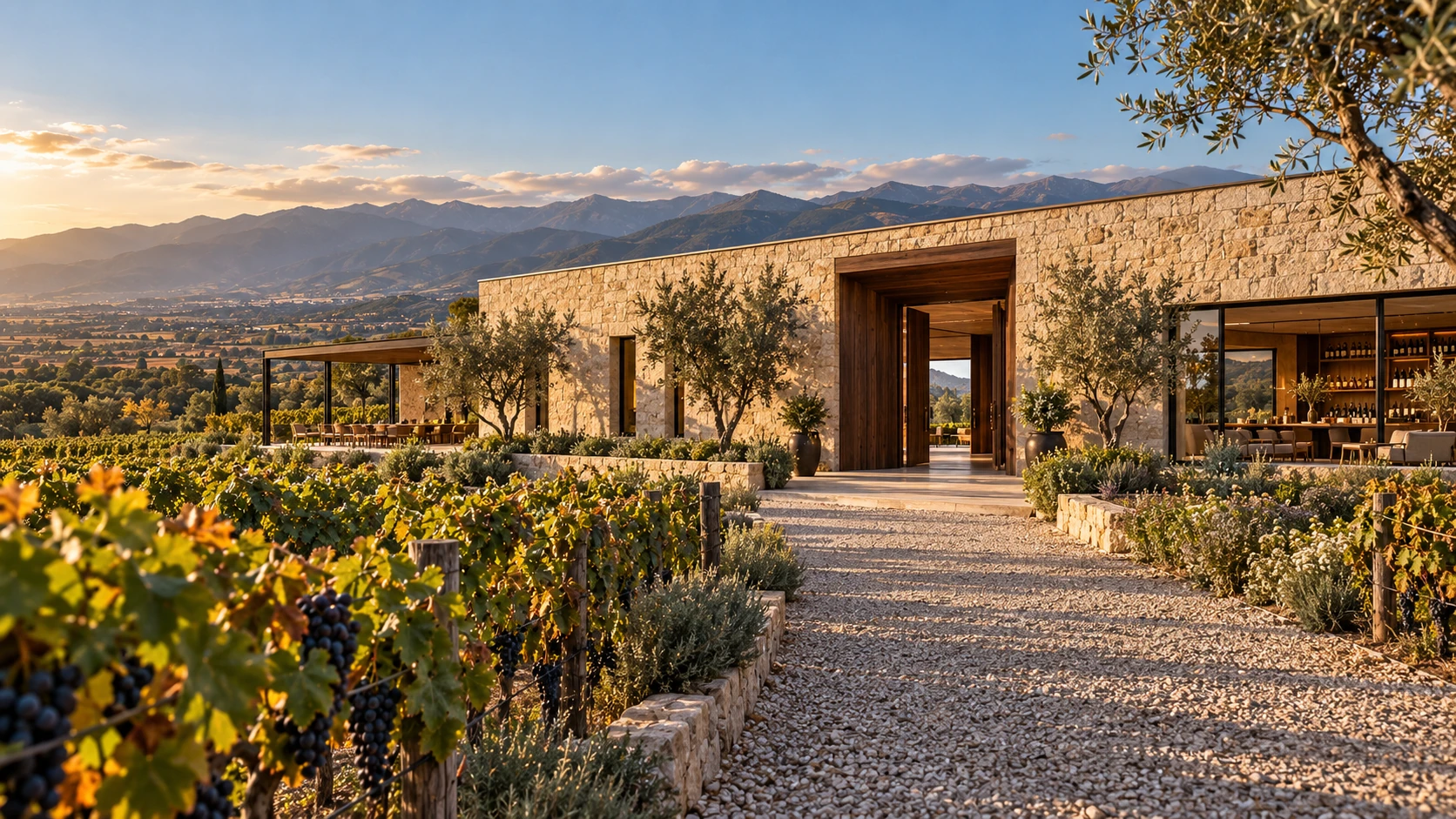 Vineyard approach toward the open walnut entrance and wine-filled tasting lounge