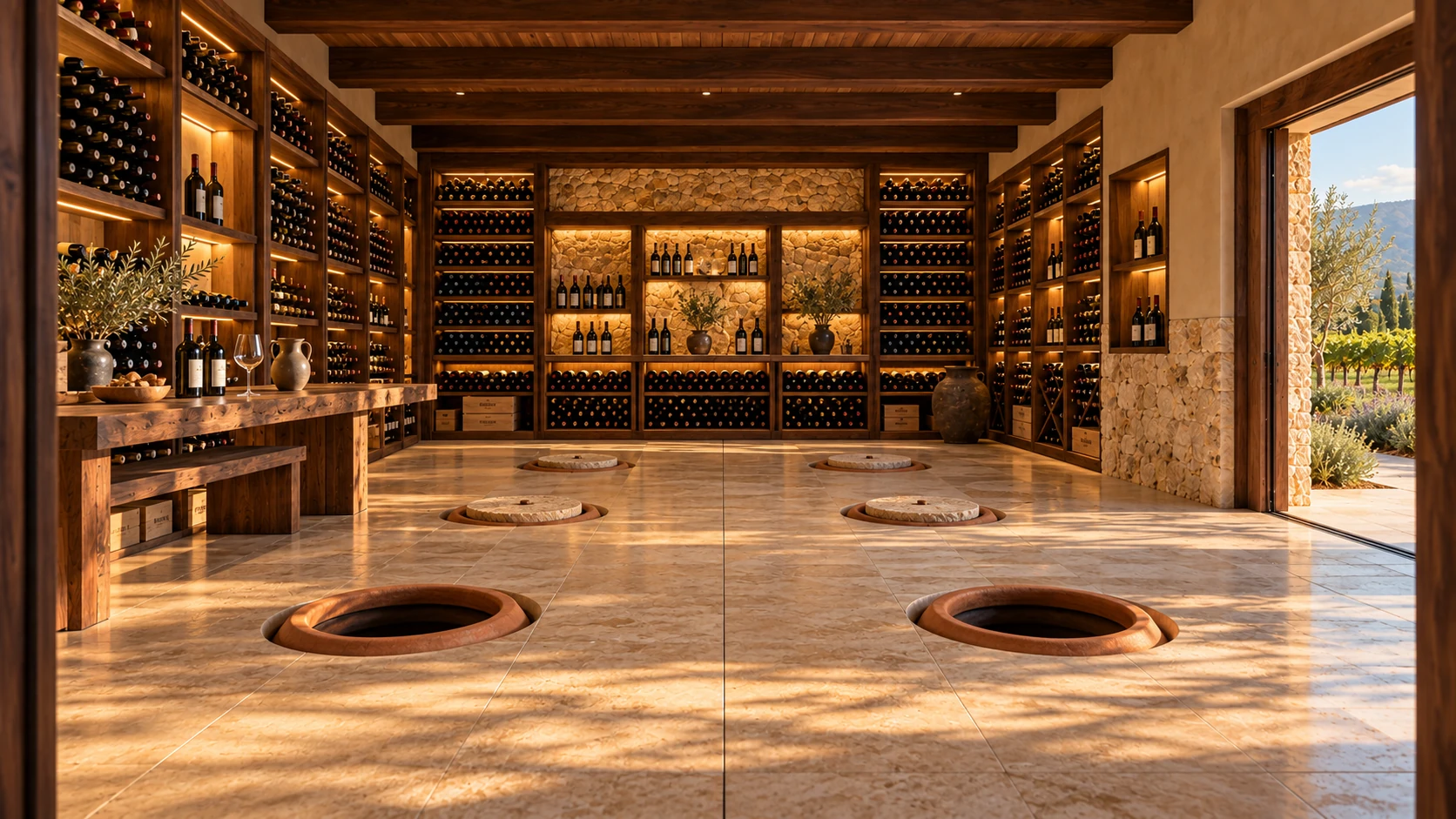 Bottle-lined walnut cellar with clay qvevri set into the limestone floor