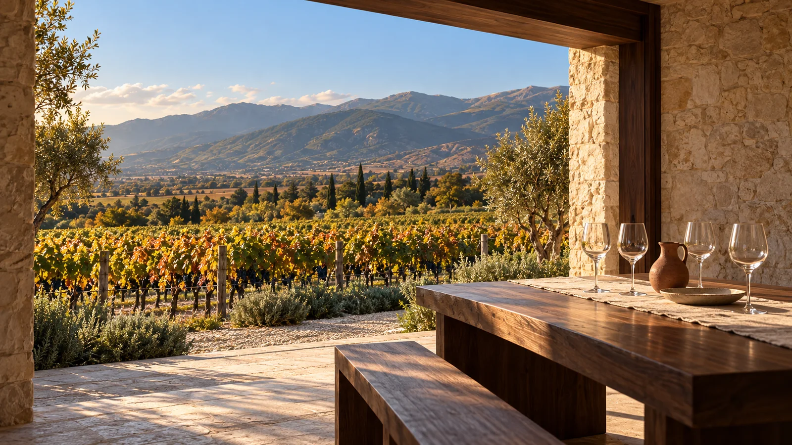 A shaded estate terrace opening toward the vineyards